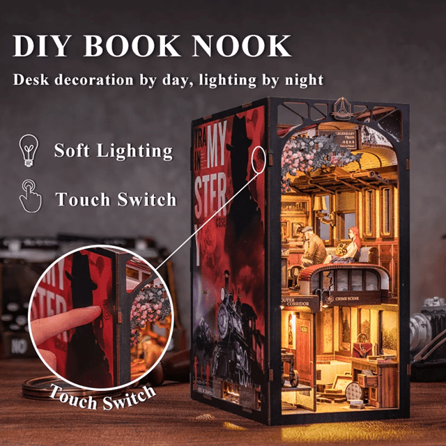 DIY Book Nook Kit Detective Train Mystery Wooden Puzzle Bookshelf Insert