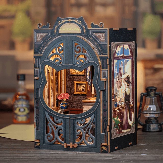 DIY Book Nook Kit Cats Study Miniature Wooden Dollhouse with LED Lights Bookshelf Insert