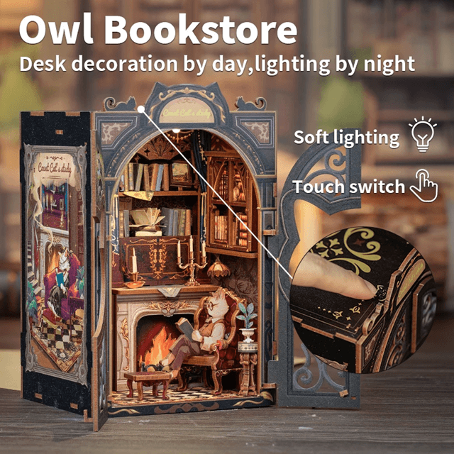DIY Book Nook Kit Cats Study Miniature Wooden Dollhouse with LED Lights Bookshelf Insert