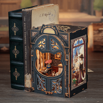 DIY Book Nook Kit Cats Study Miniature Wooden Dollhouse with LED Lights Bookshelf Insert