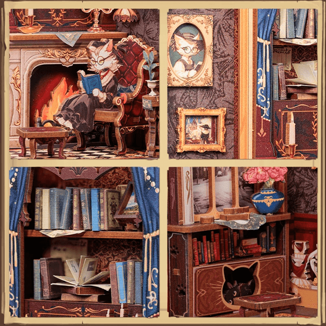 DIY Book Nook Kit Cats Study Miniature Wooden Dollhouse with LED Lights Bookshelf Insert