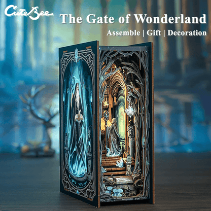 DIY Book Nook Kit Gate of Wonderland Miniature Dollhouse Bookshelf Insert with LED Light