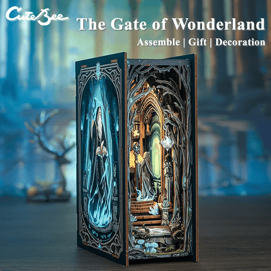 DIY Book Nook Kit Gate of Wonderland Miniature Dollhouse Bookshelf Insert with LED Light
