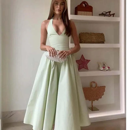 Elegant Backless Halter A Line Midi Summer Dress for Women