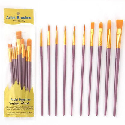 10 Piece Paint Brush Set Nylon Hair Artist Painting Brushes for Watercolor Acrylic Oil