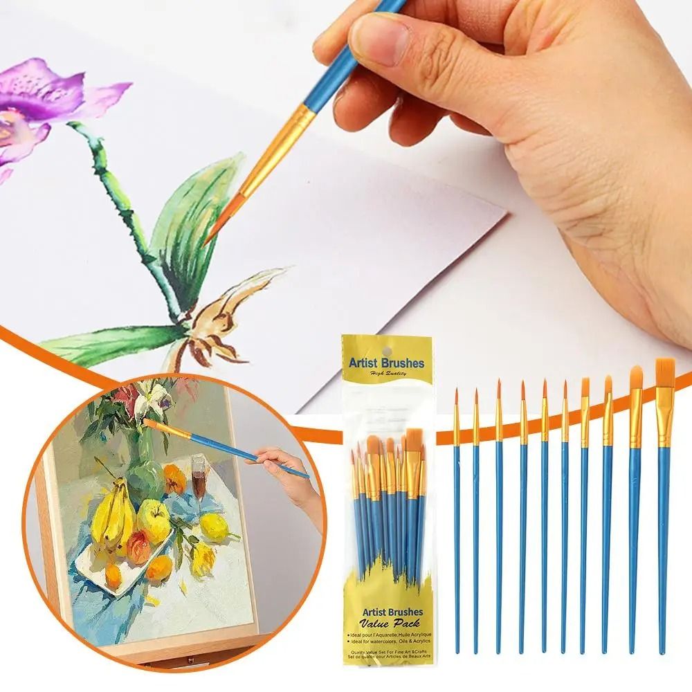10 Piece Paint Brush Set Nylon Hair Artist Painting Brushes for Watercolor Acrylic Oil