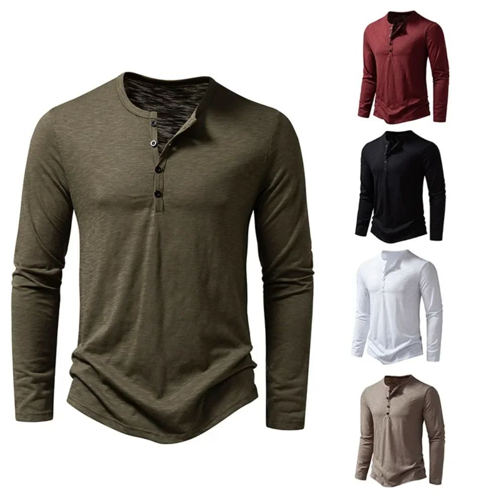 Men's Cotton Long Sleeve Henley Shirt – Casual Button Neck Slim Fit Tee