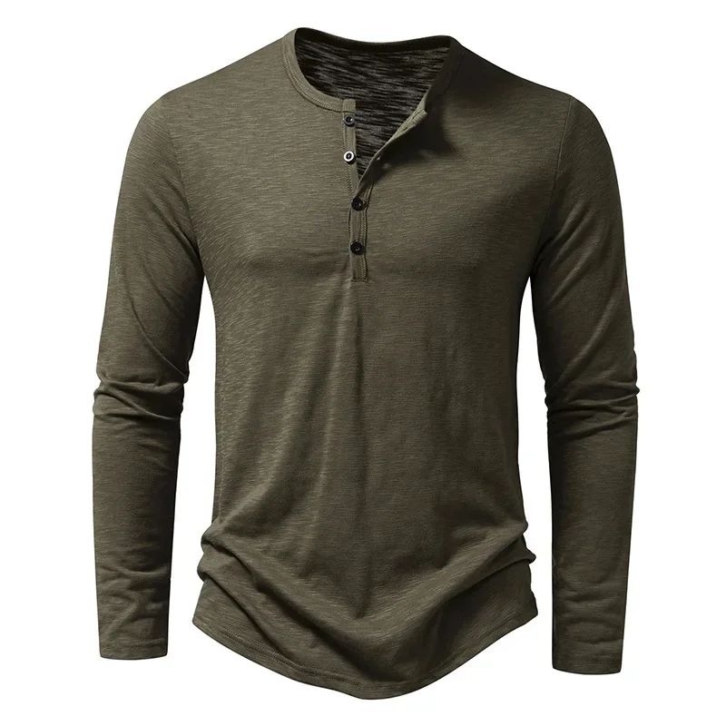 Men's Cotton Long Sleeve Henley Shirt – Casual Button Neck Slim Fit Tee