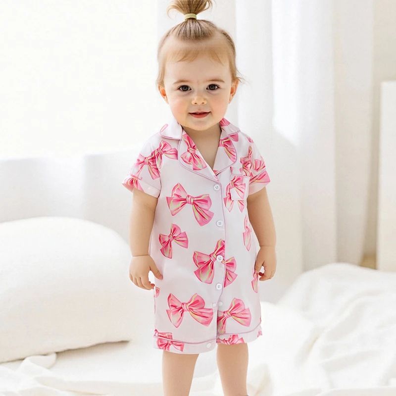 Princess Bow Satin Toddler Pajama Set – Soft Button-Up Baby Girl Sleepwear with Shorts