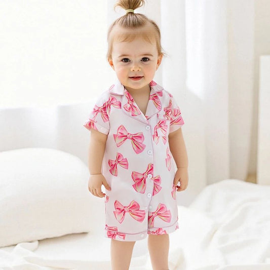 Princess Bow Satin Toddler Pajama Set – Soft Button-Up Baby Girl Sleepwear with Shorts