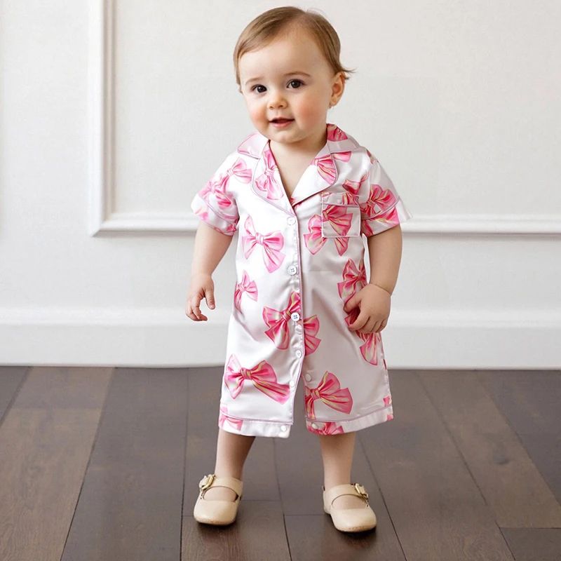 Princess Bow Satin Toddler Pajama Set – Soft Button-Up Baby Girl Sleepwear with Shorts