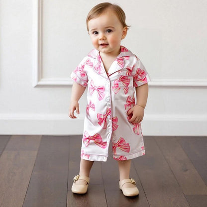 Princess Bow Satin Toddler Pajama Set – Soft Button-Up Baby Girl Sleepwear with Shorts