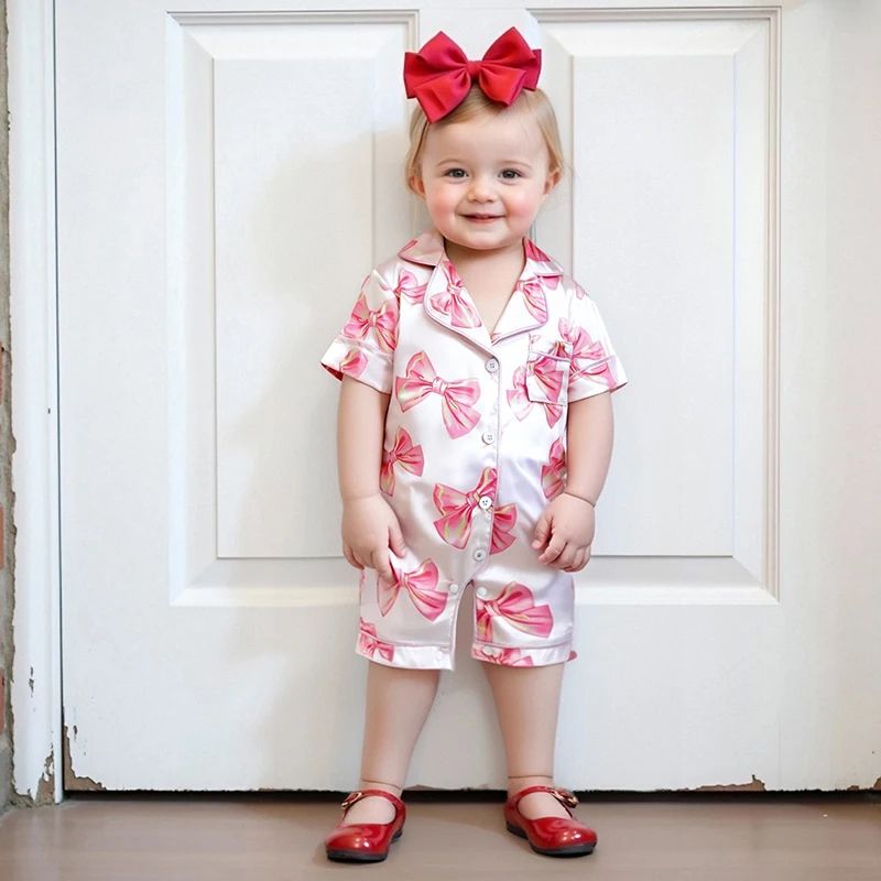 Princess Bow Satin Toddler Pajama Set – Soft Button-Up Baby Girl Sleepwear with Shorts