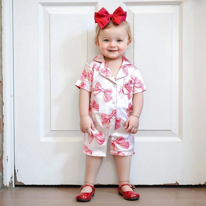 Princess Bow Satin Toddler Pajama Set – Soft Button-Up Baby Girl Sleepwear with Shorts