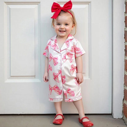 Princess Bow Satin Toddler Pajama Set – Soft Button-Up Baby Girl Sleepwear with Shorts