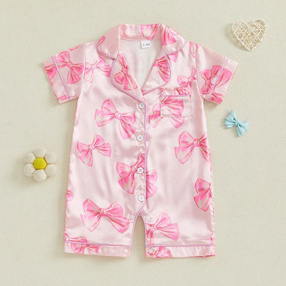 Princess Bow Satin Toddler Pajama Set – Soft Button-Up Baby Girl Sleepwear with Shorts