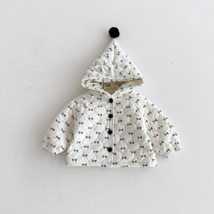 Sweet Bow Hooded Baby Girl Winter Jacket – Soft Cotton Toddler Coat