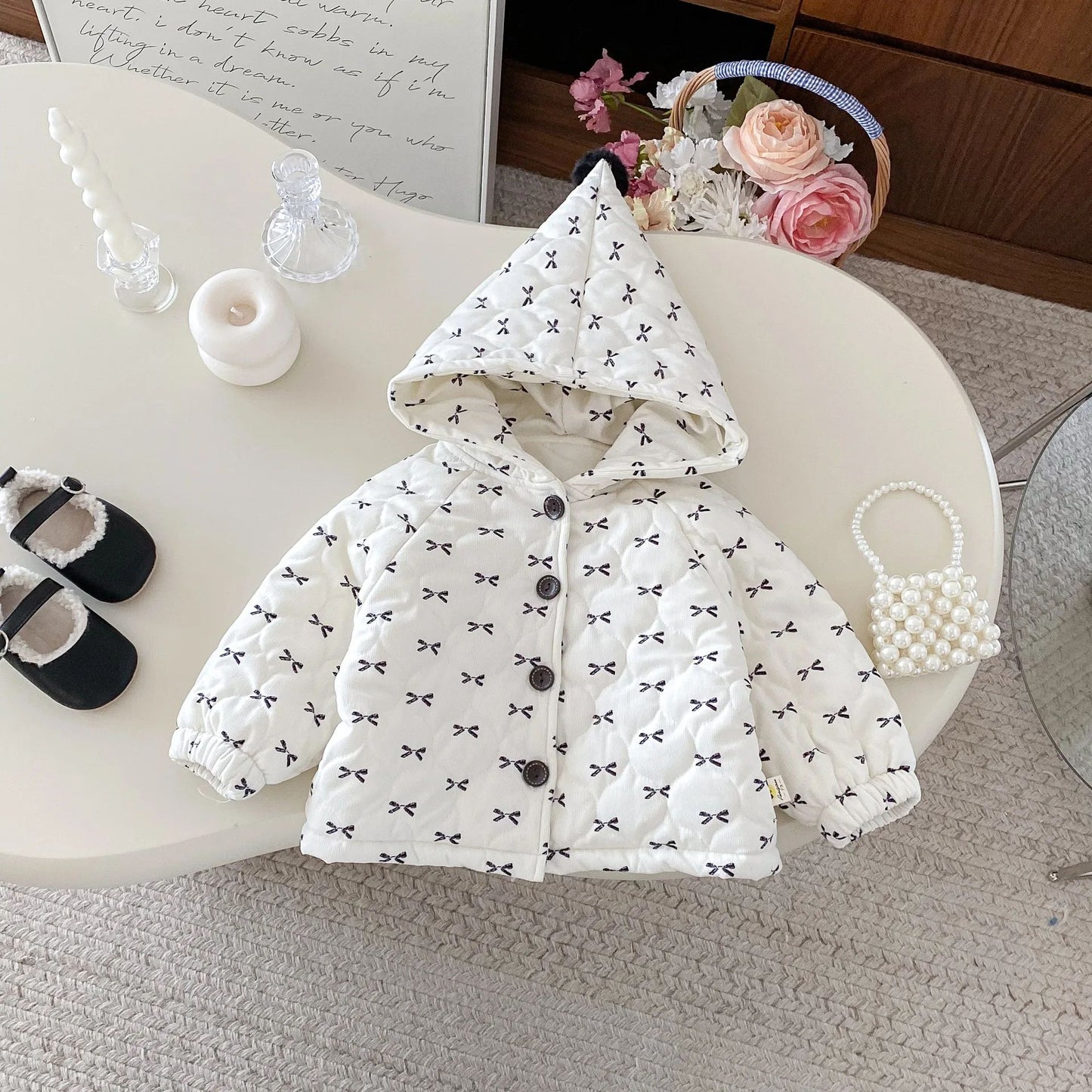 Sweet Bow Hooded Baby Girl Winter Jacket – Soft Cotton Toddler Coat