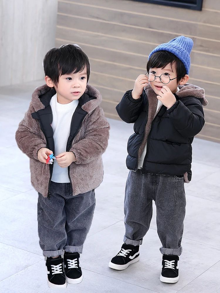 Reversible Cartoon Hooded Baby Winter Coat – Plush Toddler Fleece Jacket
