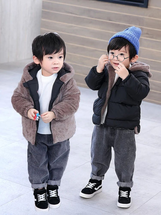 Reversible Cartoon Hooded Baby Winter Coat – Plush Toddler Fleece Jacket