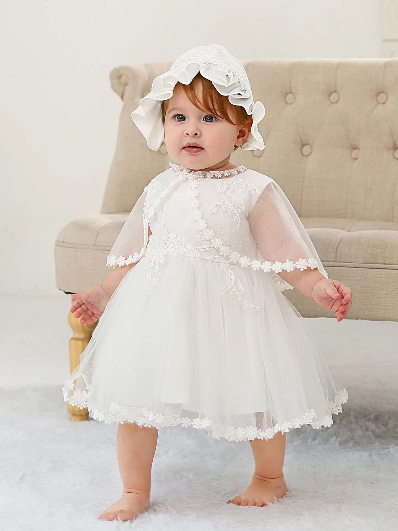 Royal Bloom Baby Princess Dress with Satin Hood Cloak – Floral Embroidered Lace Flower Girl Dress Set