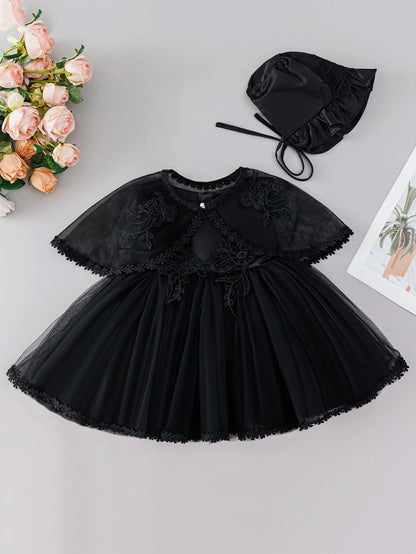 Royal Bloom Baby Princess Dress with Satin Hood Cloak – Floral Embroidered Lace Flower Girl Dress Set