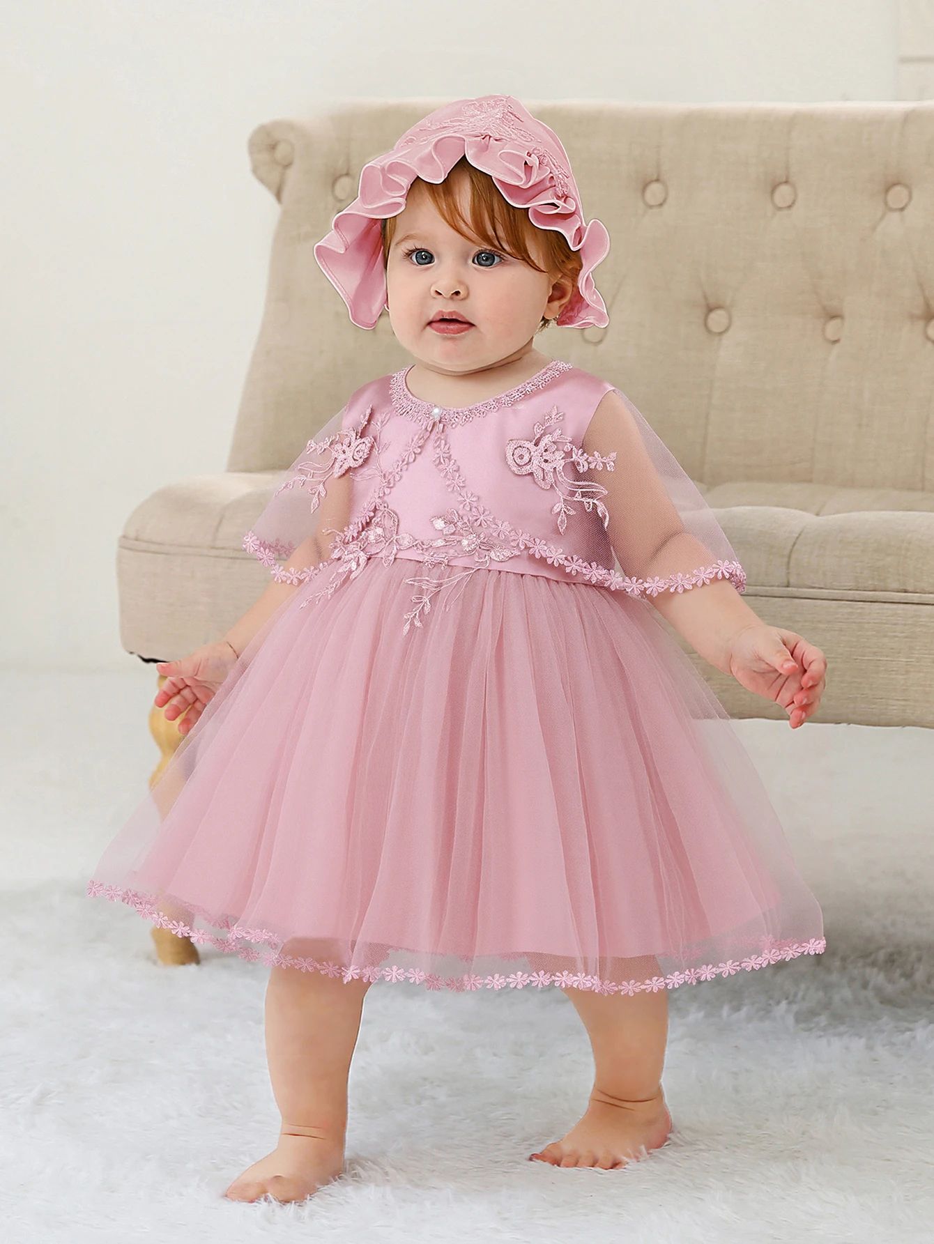 Royal Bloom Baby Princess Dress with Satin Hood Cloak – Floral Embroidered Lace Flower Girl Dress Set