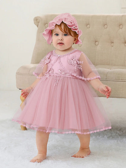 Royal Bloom Baby Princess Dress with Satin Hood Cloak – Floral Embroidered Lace Flower Girl Dress Set