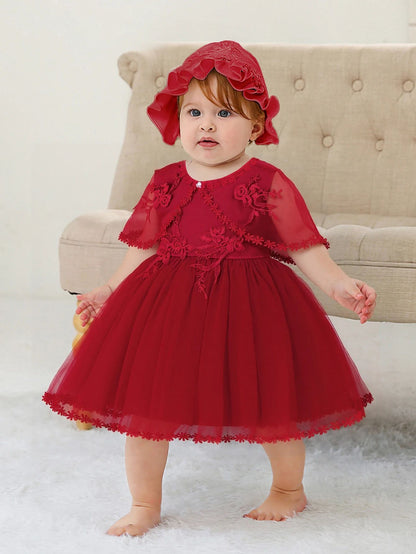 Royal Bloom Baby Princess Dress with Satin Hood Cloak – Floral Embroidered Lace Flower Girl Dress Set