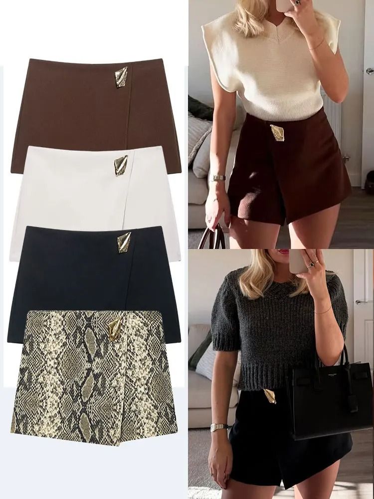 HH 2025 Autumn Asymmetric Culottes | Womens High-Waist A-Line Pantskirt with Metal Applique