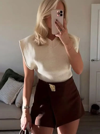 HH 2025 Autumn Asymmetric Culottes | Womens High-Waist A-Line Pantskirt with Metal Applique