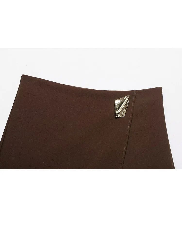 HH 2025 Autumn Asymmetric Culottes | Womens High-Waist A-Line Pantskirt with Metal Applique