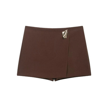 HH 2025 Autumn Asymmetric Culottes | Womens High-Waist A-Line Pantskirt with Metal Applique