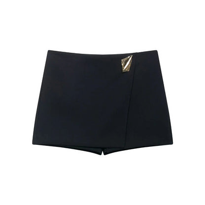HH 2025 Autumn Asymmetric Culottes | Womens High-Waist A-Line Pantskirt with Metal Applique