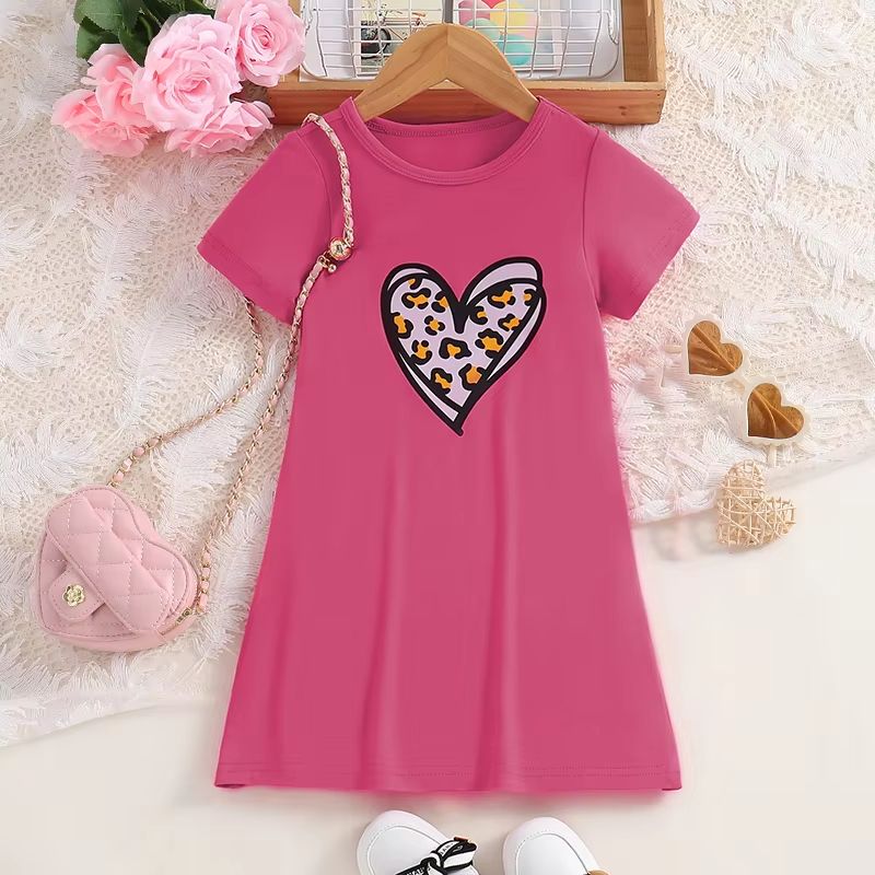 Girls Leopard Print Dress Casual Summer Girls Knitted Dress Short Sleeve Kids Summer Dress