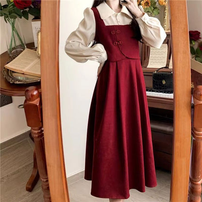 Elegant Chinese Style Red Dress Faux Two Piece Cheongsam Inspired Dress Slim Fit Red Party Dress for Women
