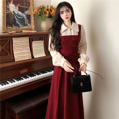 Elegant Chinese Style Red Dress Faux Two Piece Cheongsam Inspired Dress Slim Fit Red Party Dress for Women