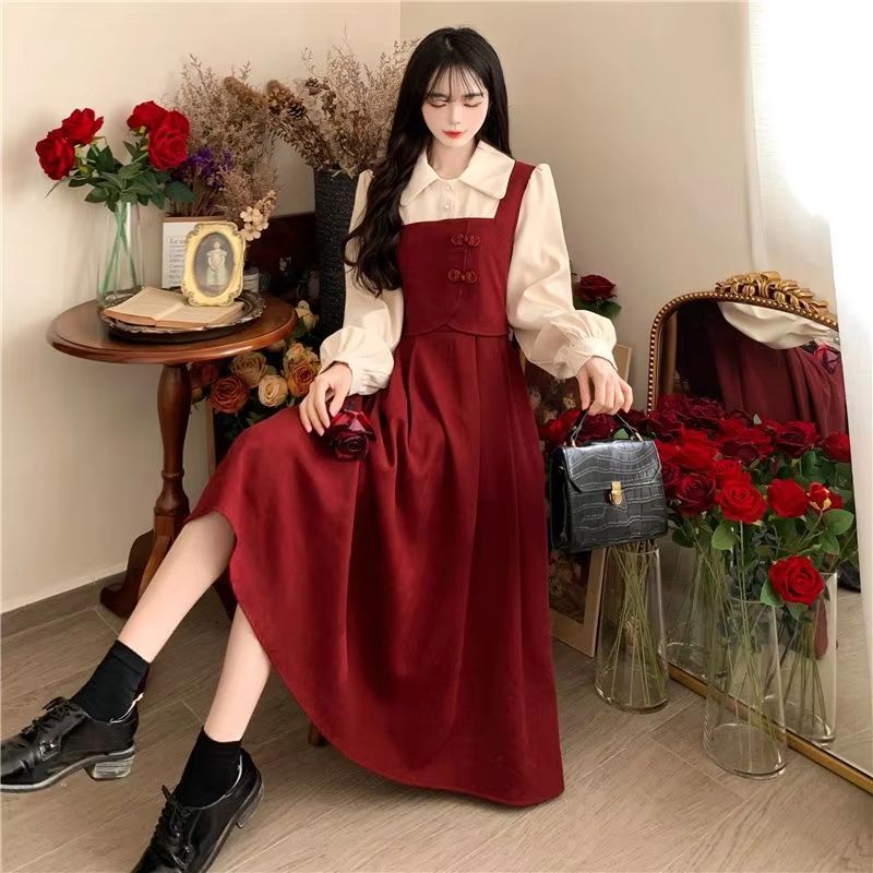 Elegant Chinese Style Red Dress Faux Two Piece Cheongsam Inspired Dress Slim Fit Red Party Dress for Women