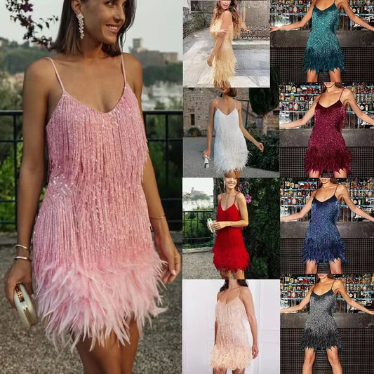 Colorful Sequin Feather Dress Sleeveless Feather Patchwork Dress Sparkly Women's Party Sequin Dress