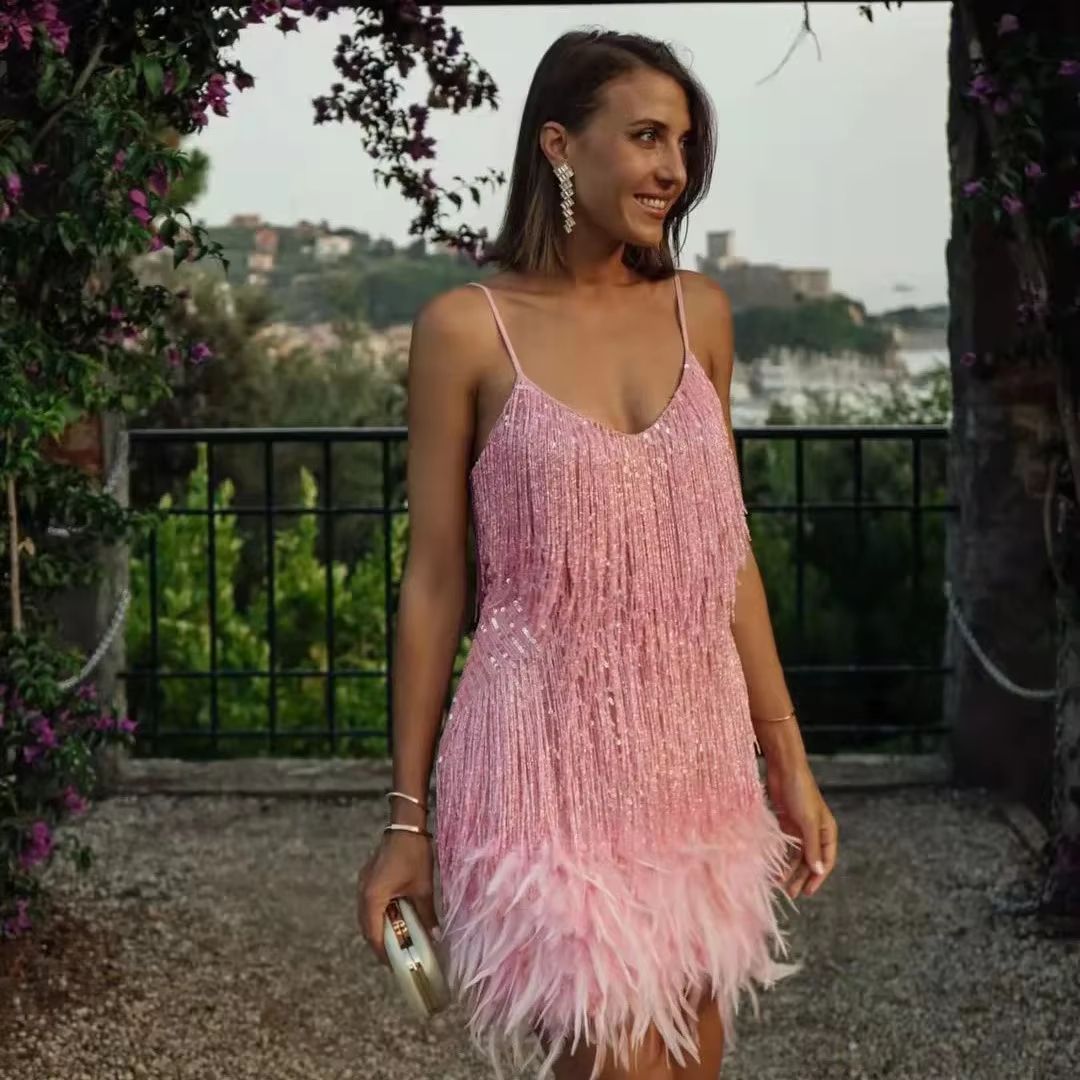 Colorful Sequin Feather Dress Sleeveless Feather Patchwork Dress Sparkly Women's Party Sequin Dress