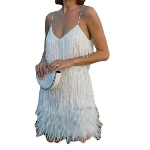 Colorful Sequin Feather Dress Sleeveless Feather Patchwork Dress Sparkly Women's Party Sequin Dress