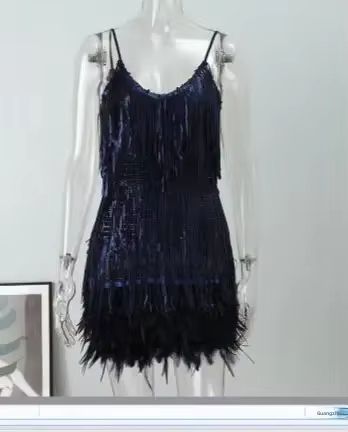 Colorful Sequin Feather Dress Sleeveless Feather Patchwork Dress Sparkly Women's Party Sequin Dress