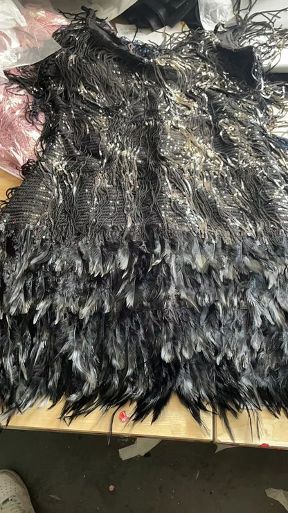 Colorful Sequin Feather Dress Sleeveless Feather Patchwork Dress Sparkly Women's Party Sequin Dress