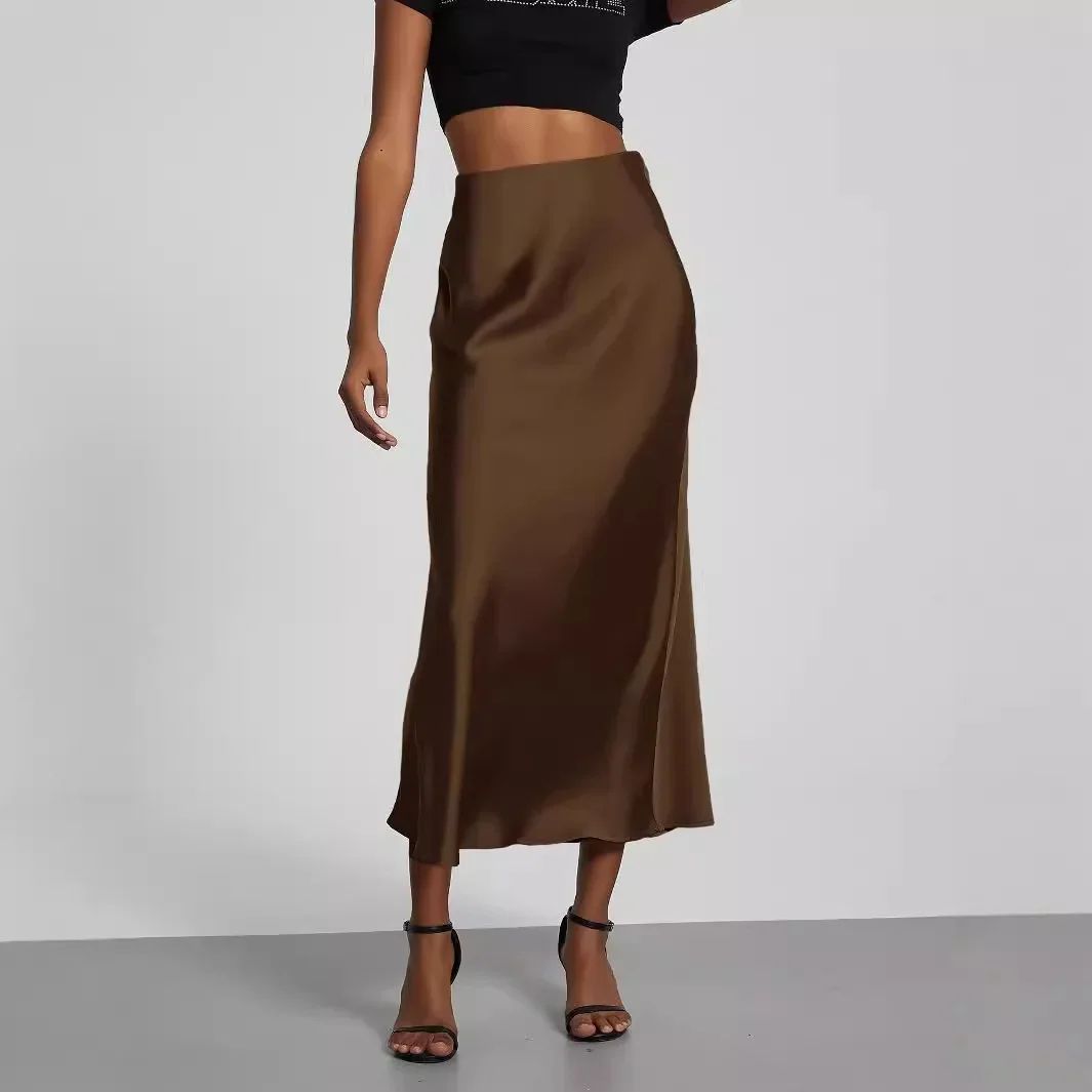 Elegant High-Waist Satin Midi Skirt – Versatile Solid Color Womens Satin Skirt with Silky Flowing Texture