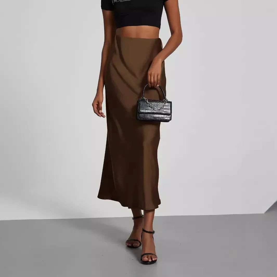 Elegant High-Waist Satin Midi Skirt – Versatile Solid Color Womens Satin Skirt with Silky Flowing Texture