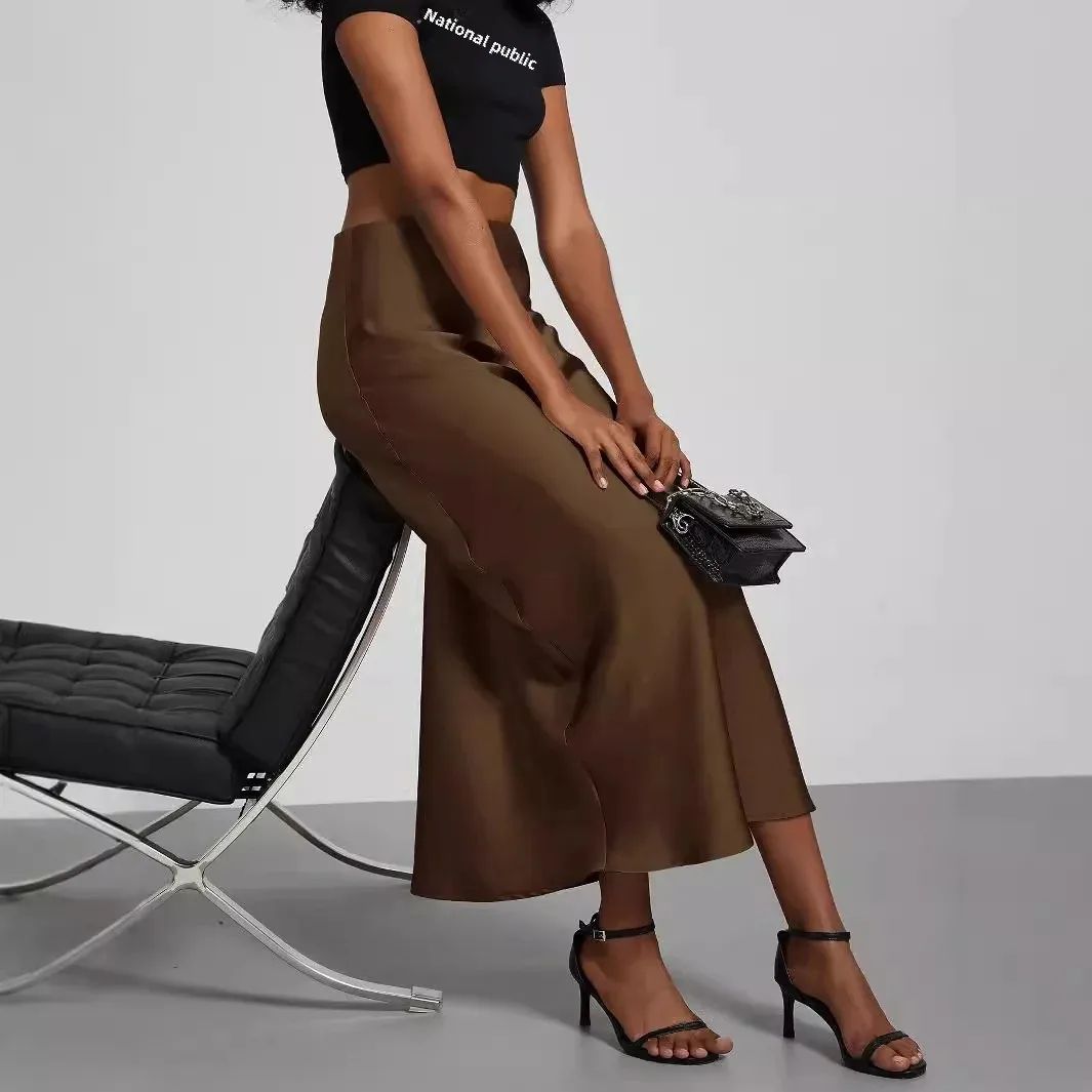 Elegant High-Waist Satin Midi Skirt – Versatile Solid Color Womens Satin Skirt with Silky Flowing Texture