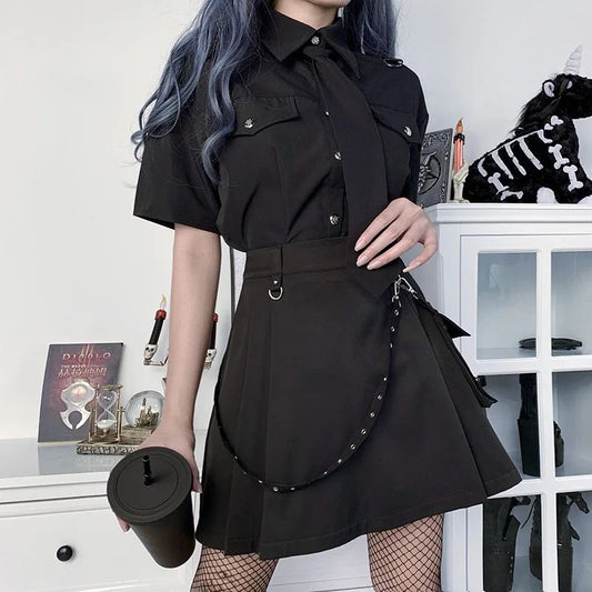 Harajuku Gothic High Waist Punk Mini Skirt – Patchwork Bandage Streetwear for Women