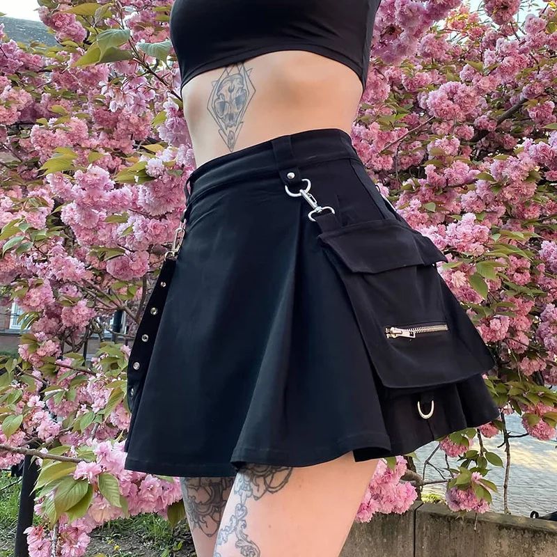 Harajuku Gothic High Waist Punk Mini Skirt – Patchwork Bandage Streetwear for Women