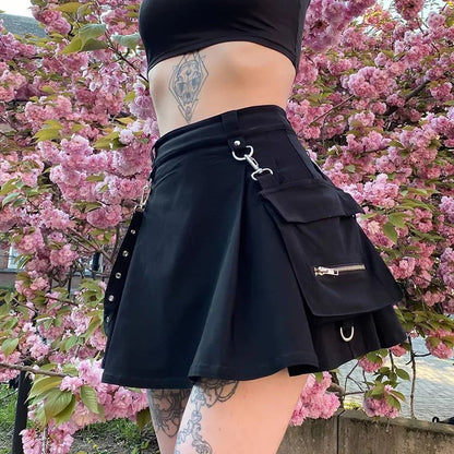 Harajuku Gothic High Waist Punk Mini Skirt – Patchwork Bandage Streetwear for Women