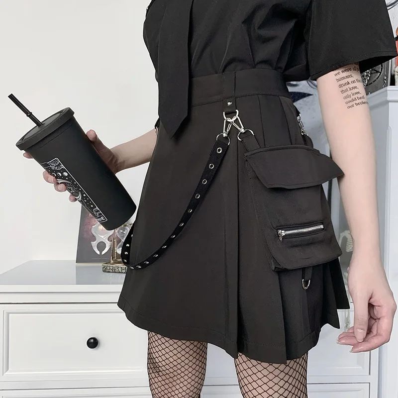 Harajuku Gothic High Waist Punk Mini Skirt – Patchwork Bandage Streetwear for Women